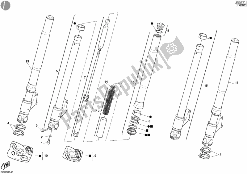 Alle onderdelen voor de Voorvork van de Ducati Monster 620 Dark 2005